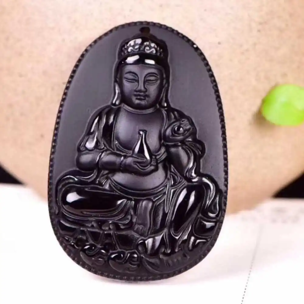 

NEW 100% Obsidian Carved Avalokitesvara Lucky Amulet Pendant Silver Tibetan Reiki Choker Zodiac Steel Clavicle Wedding Quartz