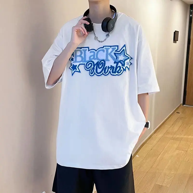 

Мужская футболка с коротким рукавом, футболка в стиле ретро с вышивкой звезд и букв, Мужская свободная футболка с коротким рукавом, Новинка ...