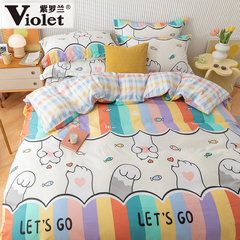 Violet 4Pcs 100% Cotton Printed Solid Bedding Sets Home Lovely Pattern Bed Sheet Quilt Cover Renovation New House Gift
