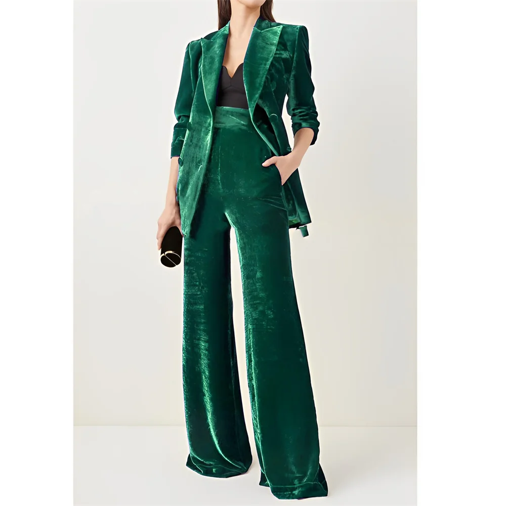 2 Piece Set For Women's Suits Velvet Office Ladies Blazer and High Waist Trousers Double Breasted Lapel Slim Business Clothing