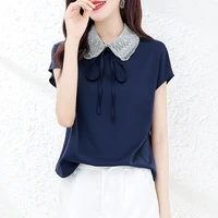 summer 2022 korean fashion women clothing black chiffon office lady thin tees peter pan collar casual shirts blouses for girls
