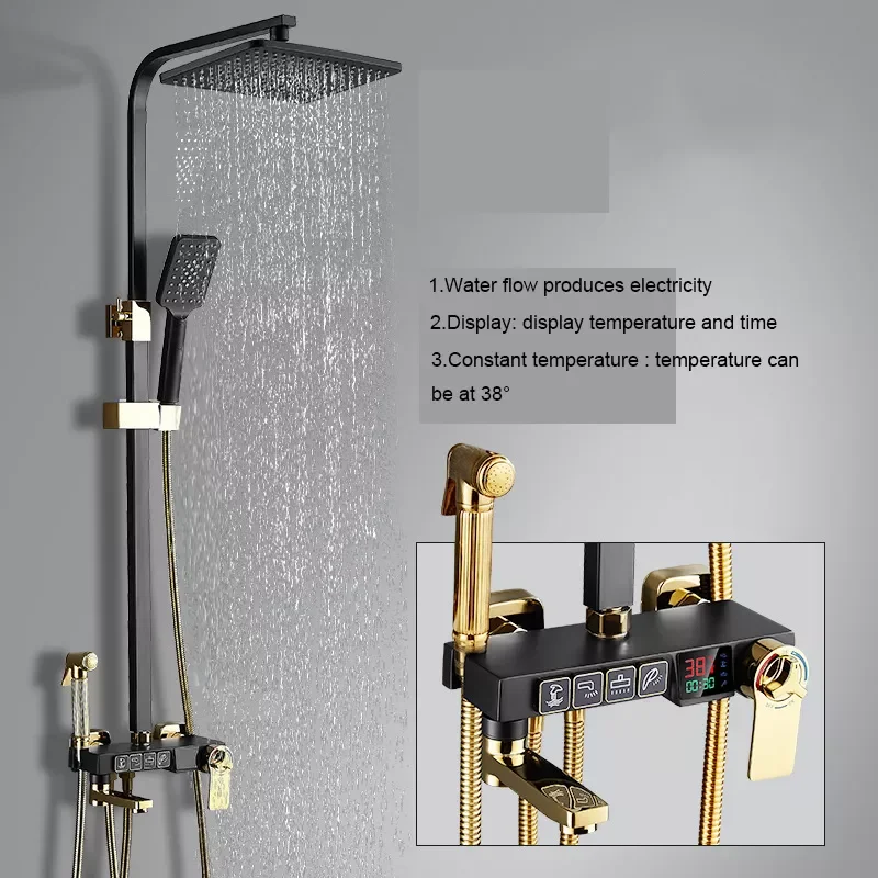 

Black Display Thermostatic Shower Faucet Set Gold Rainfall Bathtub Shower Mixer Tap Long Spout