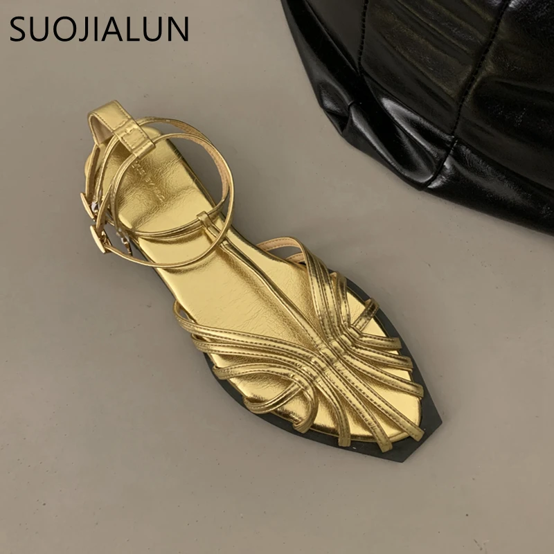 SUOJIALUN 2023 Summer New Women Sandal Fashion Gold Narrow Band Ladies Dress Slides Flat Heel Outdoor Dress Sandal Slipper Shoes