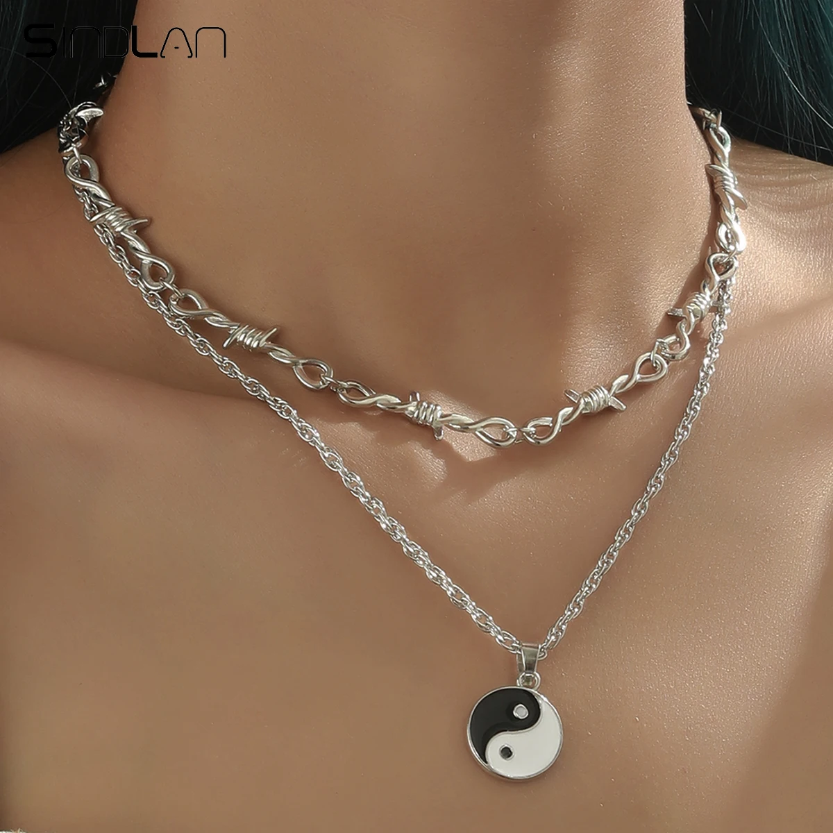 

Sindlan 2Pcs Punk SIlver Color Chains Pendant Necklace for Women Hip Hop Set Tai Chi Couple Emo Jewelry Colgantes Collar Hombre