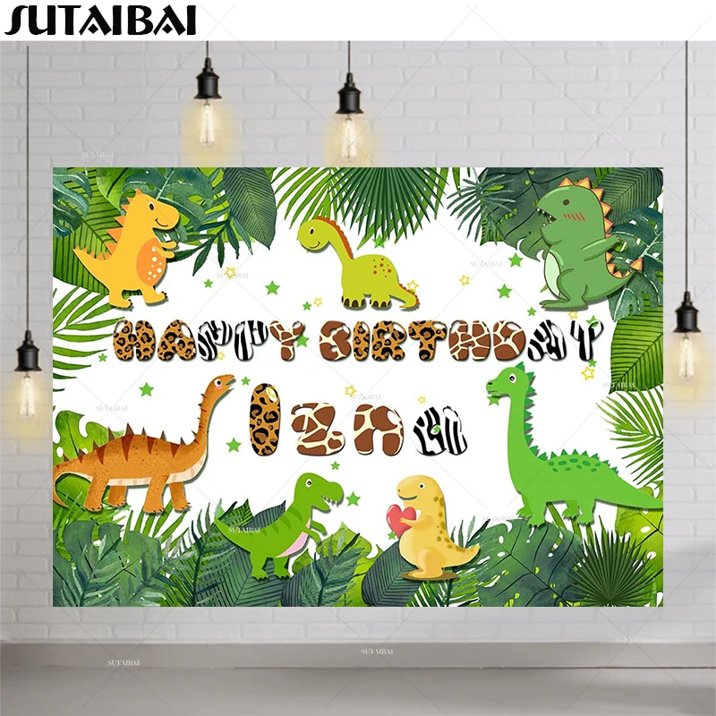 

Cartoon Dinosaurs Photo Backdrop Kids 1st Birthday Baby Shower Palm Leaf Photography Background Wild Animals Photo Studio Props