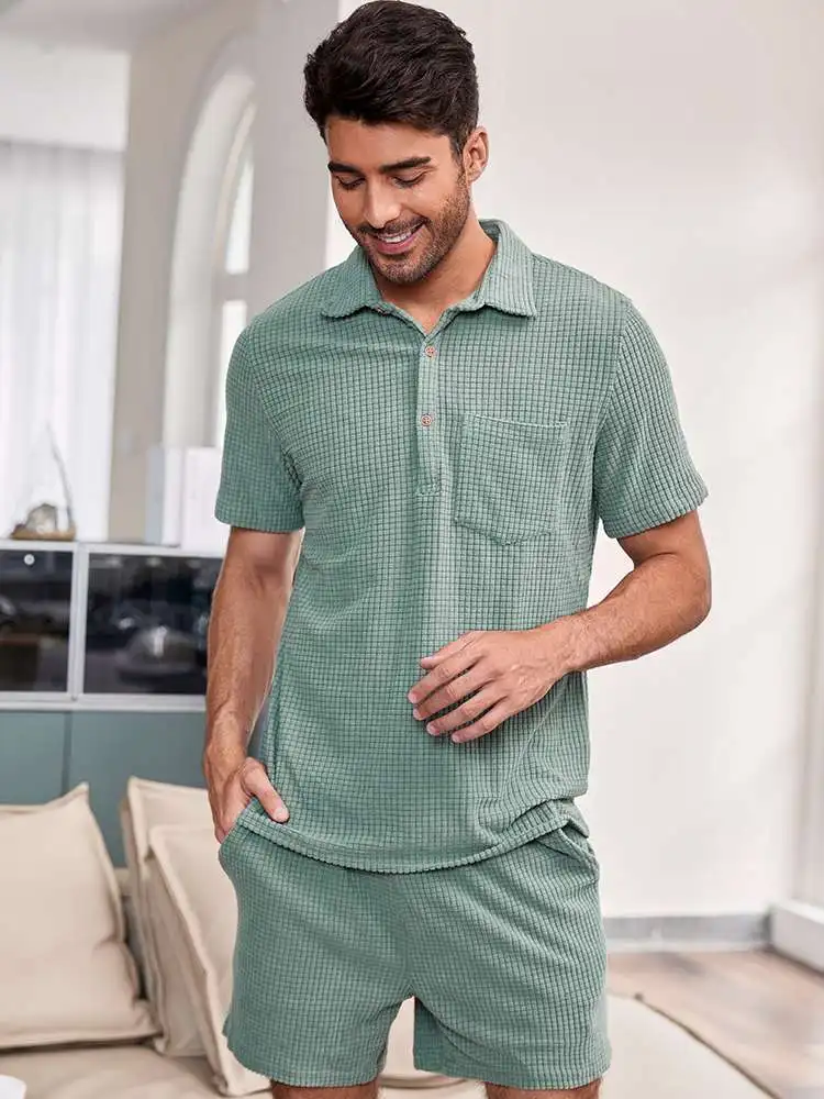 

CharmkpR New Men's Sets Solid Comfortable Half Open Collar Drawstring Short Sleeve Shirts Shorts Loungewear Suit 2 Pieces S-2XL