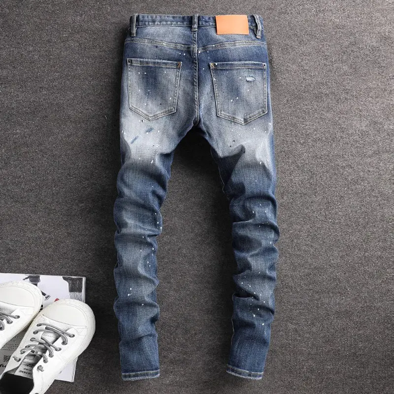 Модные мужские синие джинсы в стиле ретро высококачественные гофрированные
