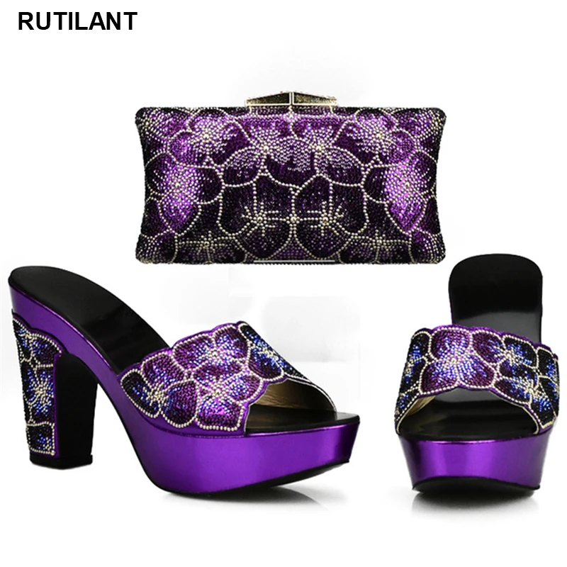 

Purple Color Matching Shoe and Bag Set Decorated with Rhinestone African Shoe and Bag Set for Party In Women Italian Ladies Shoe