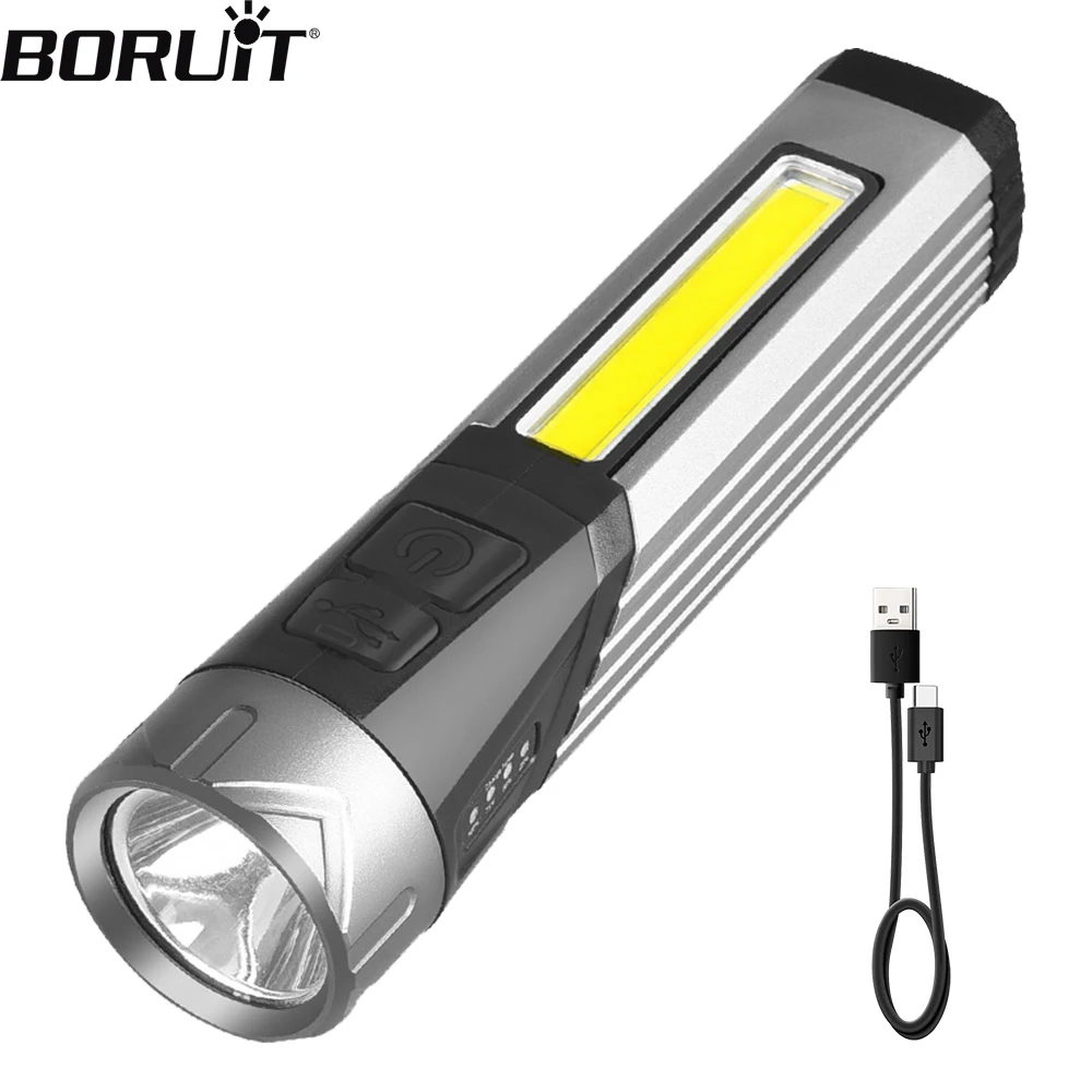 BORUiT Super Bright LED Flashlight USB Rechargeable Led  Torch With Magnet Night Riding Camping Hunting Outdoor Flashlight
