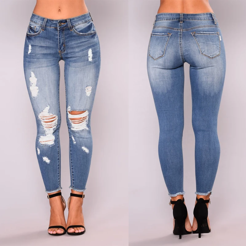 

summer new high-elastic nine-point ripped women's small feet tight buttocks fashion jeans Casual trendy women's office trousers