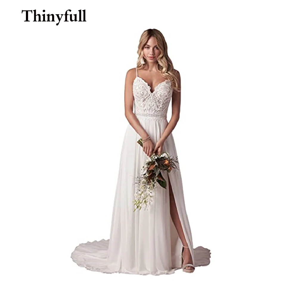 

Thinyfull Elegant Wedding Dress For Bride 2022 White Lace And Chiffon V Neck Floor Length Backless Plus Size Wedding Gowns
