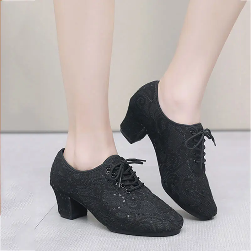 Lace Dance Shoes Women Jazz Latin Shoes Adult Ballroom Salsa Tango Shoes Female Heel 3cm 5cm Heels Breathable Training Sneakers