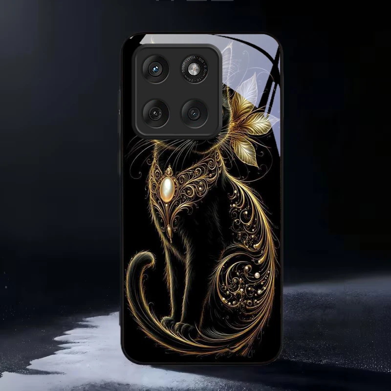 Фото Чехол для телефона Mystic Golden Pearl Cat из черного стекла для Motorola Moto Edge 60 70 20 Lite 30 Pro 40 50 Ultra X30 Pro G14 G75 G84 №1