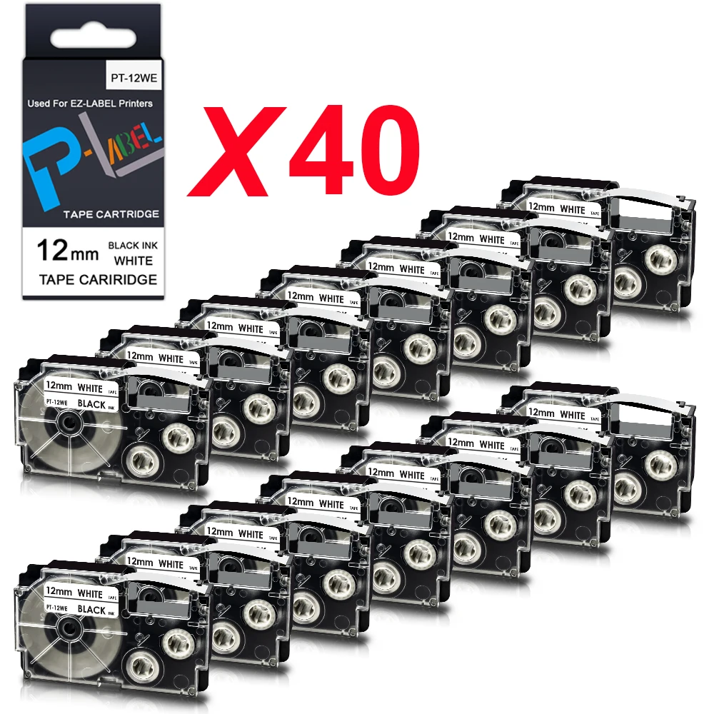 

Absonic 40PK XR-12WE 12 мм лента для маркировки для Casio XR12WE XR 12WE, черный на белом, совместим с устройством для этикеток