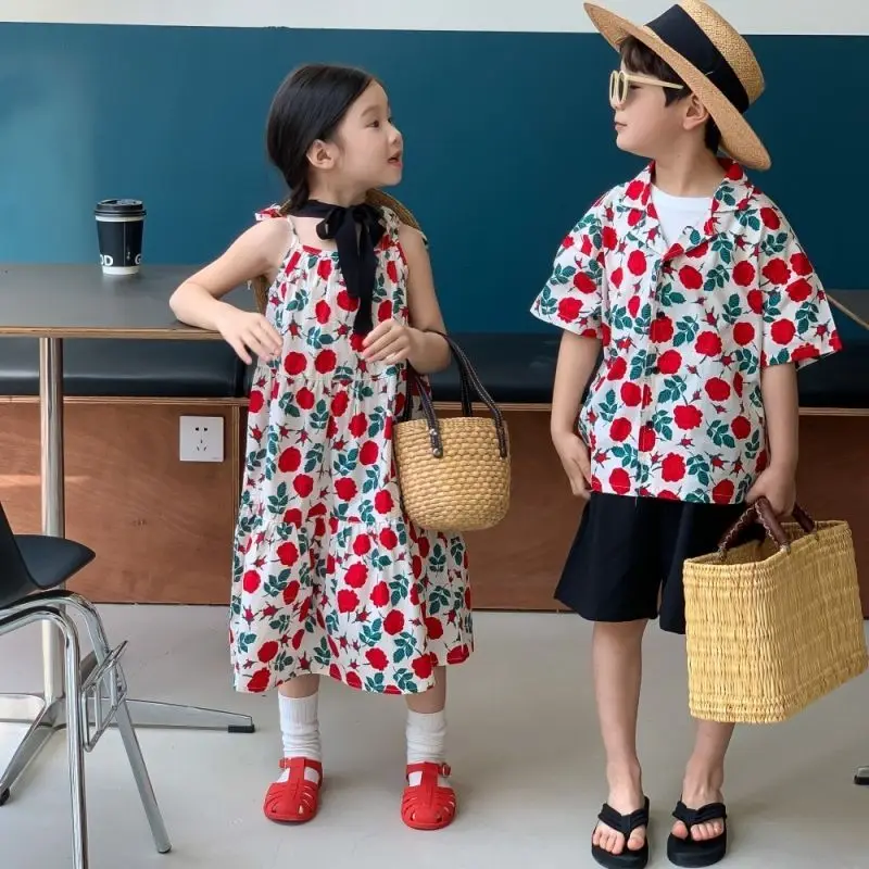 

Summer Floral Fashion Boys Casual Turn-down Collar Shirt+Short Pants 2pcs Set Girls Loose Slip Dresses Siblings Clothing 1-12Yrs