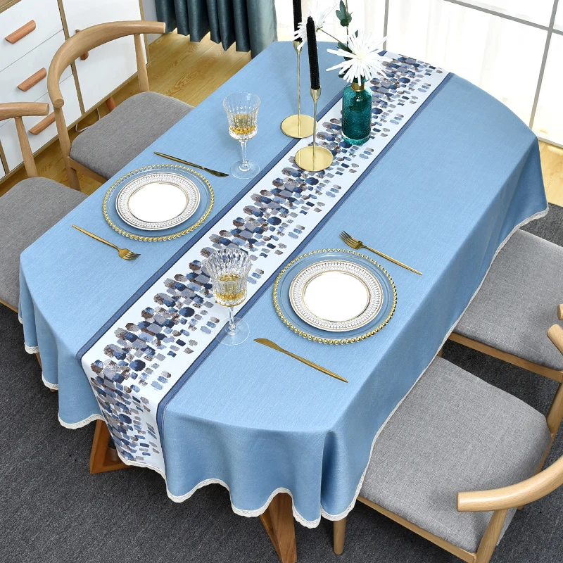 

high quality luxury cotton Linen melange Table cloth lace selvage with table flag Thick hotel Wedding Dining oval Table Cover