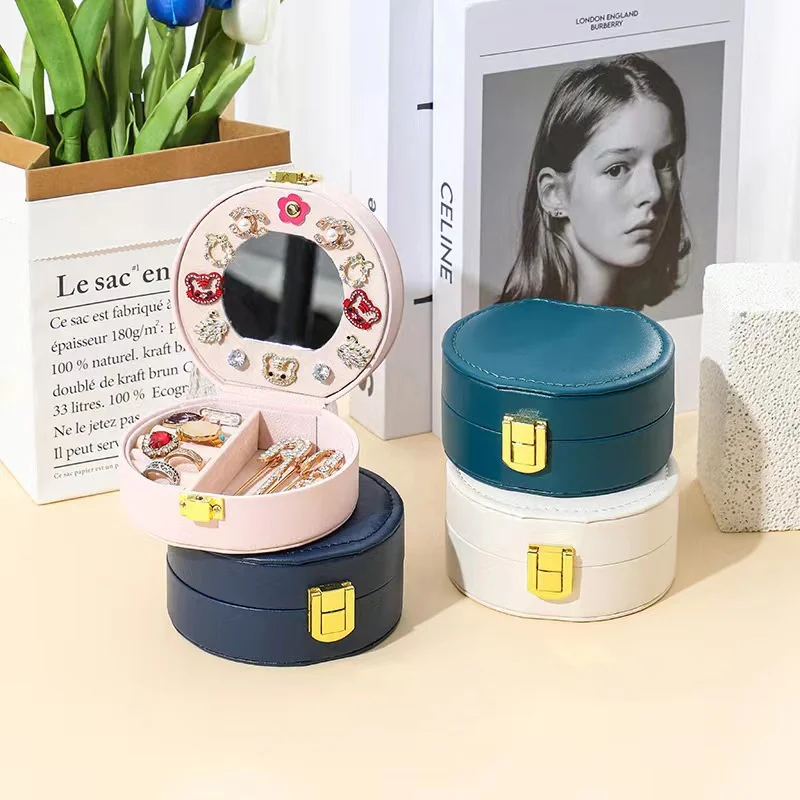 Luxury Double Leather Jewelry Storage Box Round Portable Bracelet With Mirror Earrings Ring Jewelry Case Jewelry Organizer