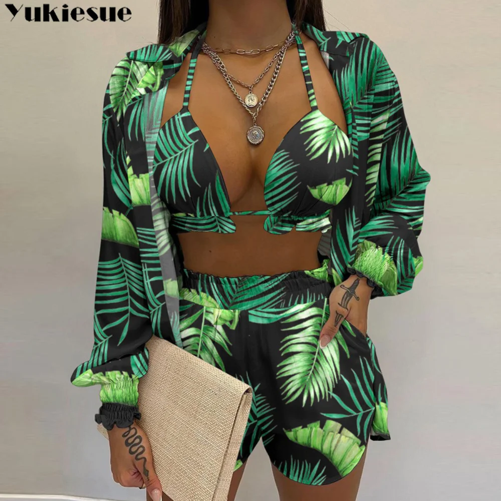 

2022 Summer Casual Sexy Women's Tops+Shorts set Three-Piece Suit Fashion Beach Style Holiday Style Solid Color Printing sets