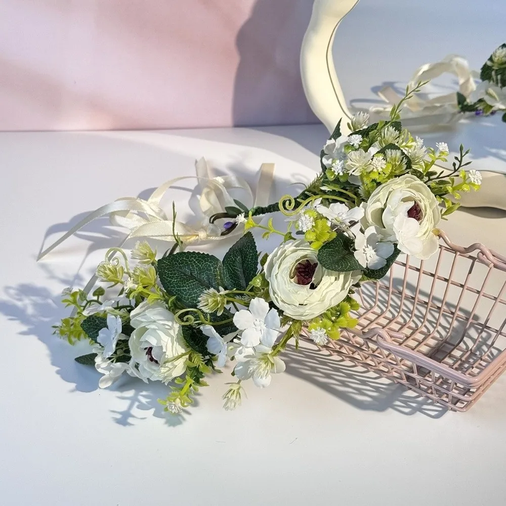 Фото Модный цветочный венок с лентой, регулируемый, пластиковый, для волос, свадебный аксессуар №5