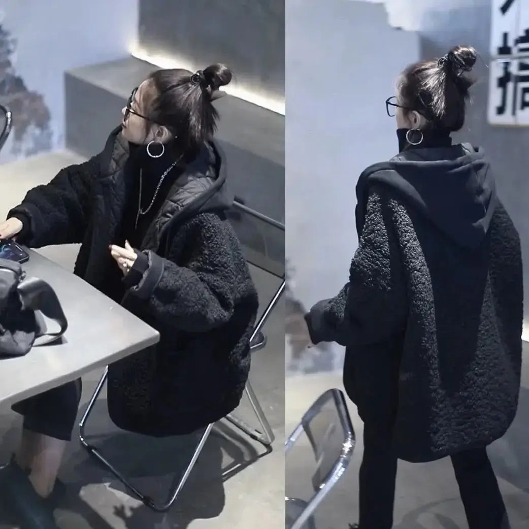 Oversize Winter Women's Coat Lamb's Fleece Jacket Cardigan Patchwork Fake Two Piece Hooded Sweatshirt Loose New Warm Thickening