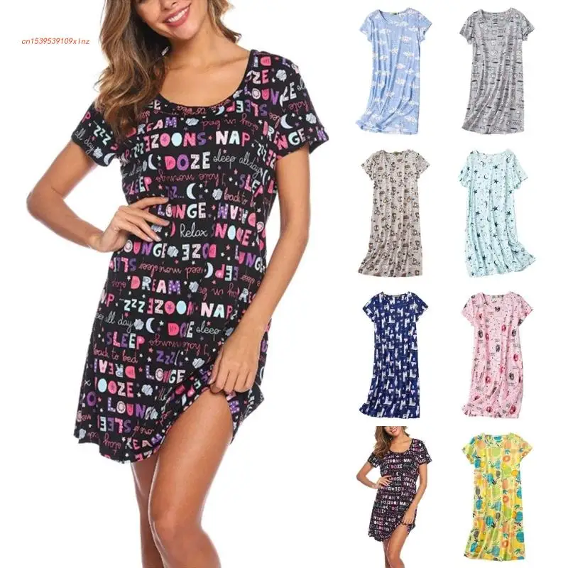 

Summer Nightdress Women Short Sleeve Printed Nightgown Homewear Lady Homewear