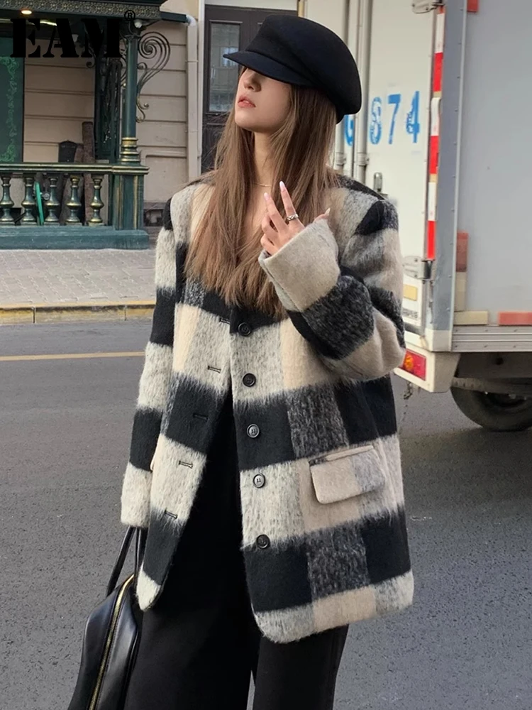 

[EAM] свободное бежевое шерстяное пальто в клетку большого размера, Новая женская куртка с v-образным вырезом и длинным рукавом, модная осенне-зимняя 2023 1DH2838