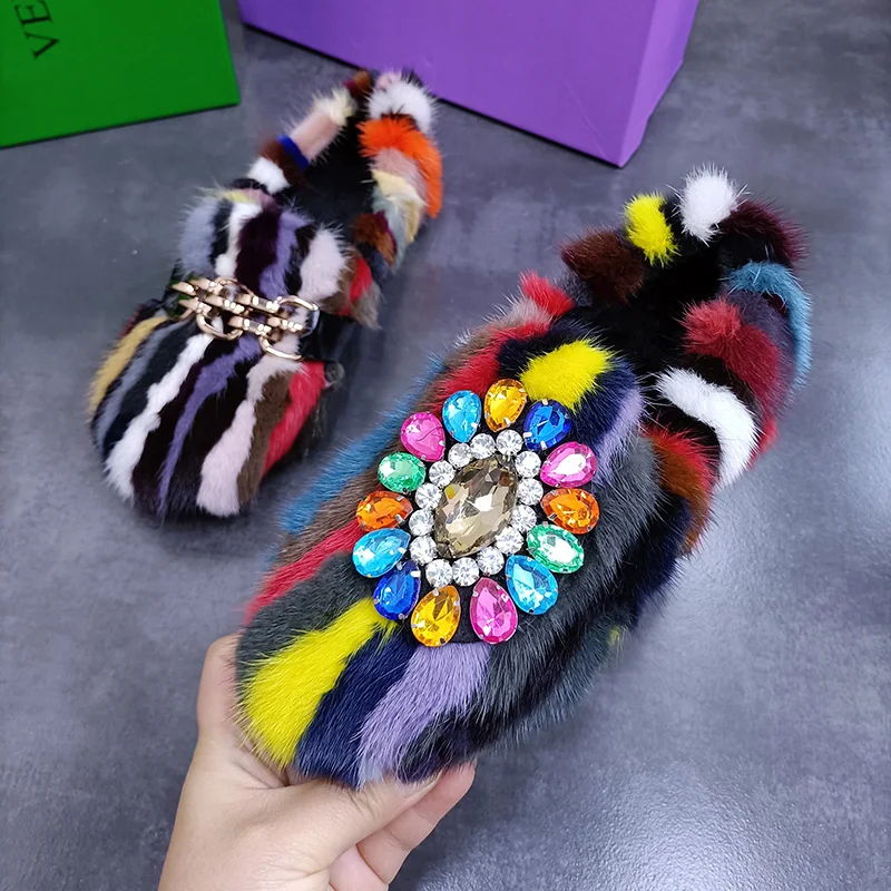 

Womens Real Mink Fur Rainbow Colors Loafers Rhinestones Crystal Diamond Flats Shoes Furry New 2022 SONDR