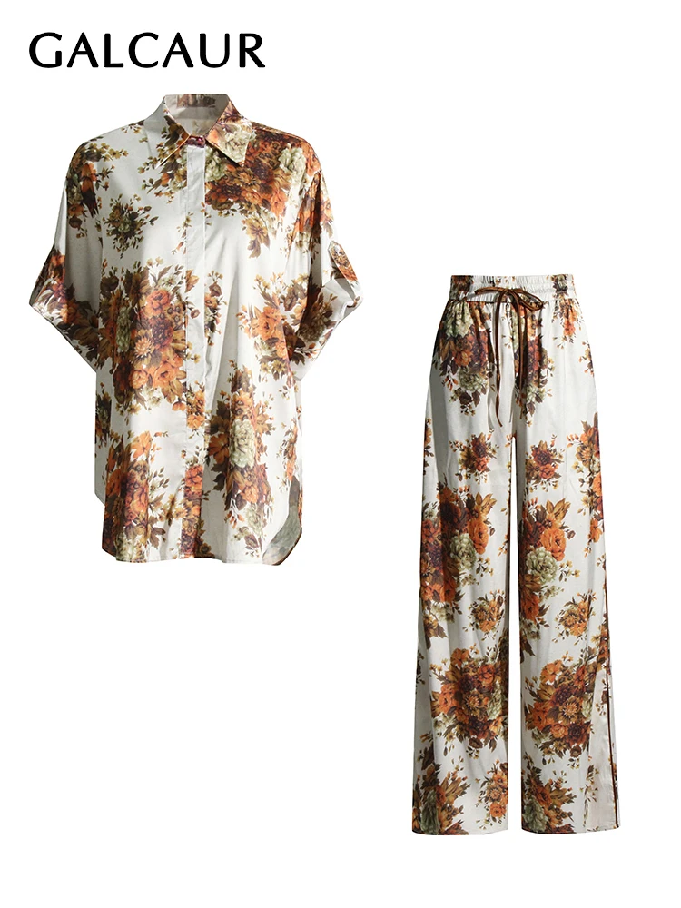 

GALCAUR Summer Printing Two Piece Sets For Women Lapel Short Sleeve Shirt High Waist Wide Leg Pants Casual Hit Color Set Female