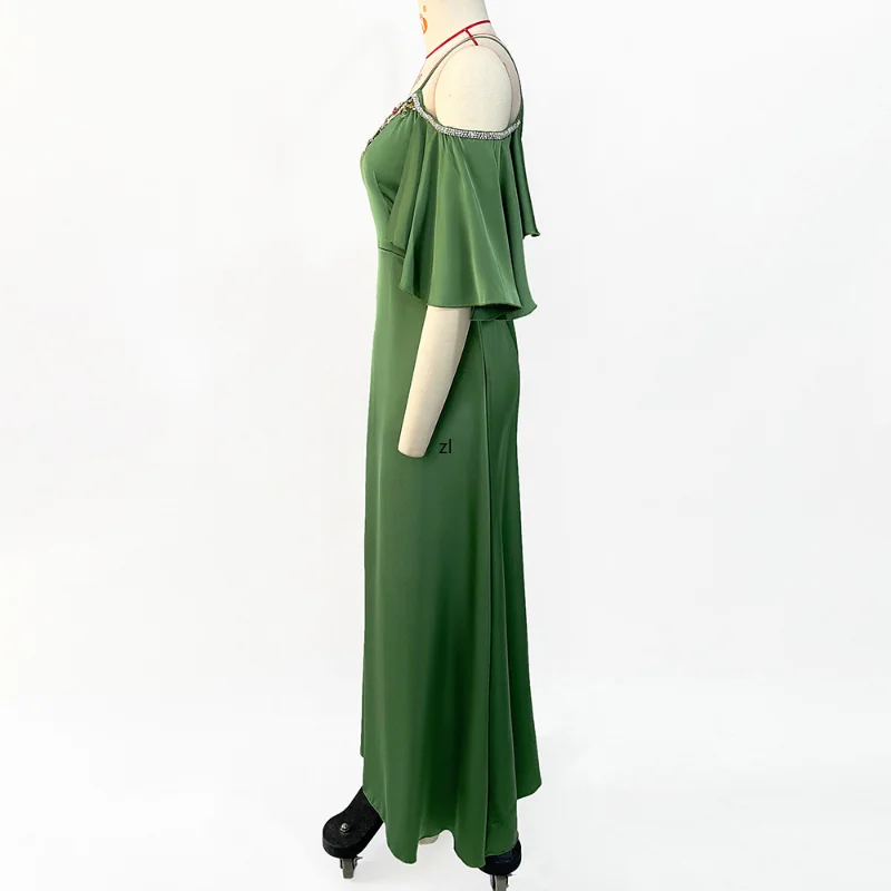 Summer Dresses 2022 Turkey Backless Sling Long Dress Rhinestone Belted Kaftan Solid Green Spaghetti Strap Beach Holiday Robe