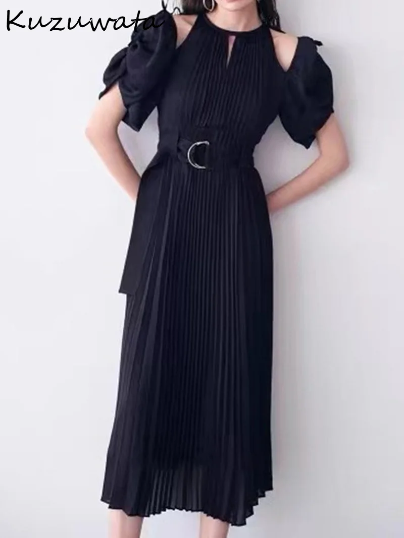

A GIRLS Japanese New Women Vestidos Two Wear Robes Off Shoulder Hollow Out Solid Color Pleated Slim Waist Dress with Belt