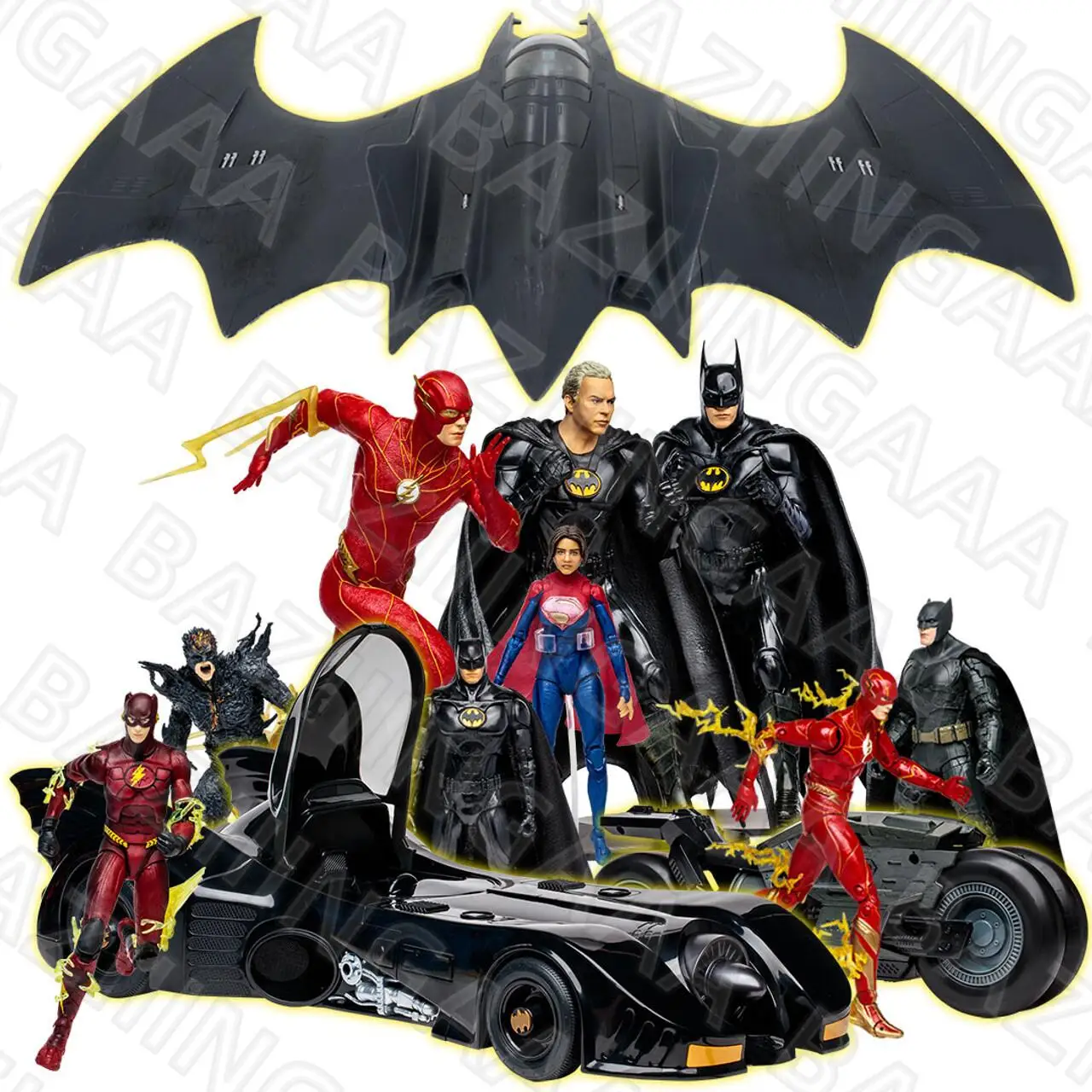 McFarlane Toys The Flash Movie Mega Bundle (12 pc) with MTS Exclusives Batmobile Batcycle Vehicle