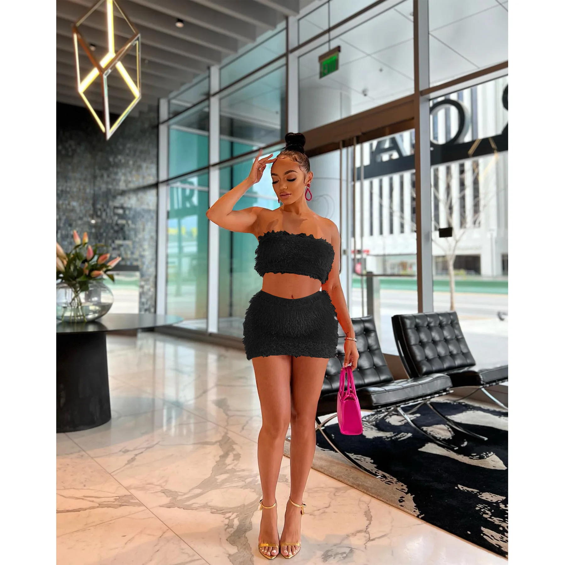 

Solid Color Two Peice Set for Women Evening Sexy Party Club Matching Sets Fluffy Sleeveless Backless Crop Tops Mini Skirts Suit