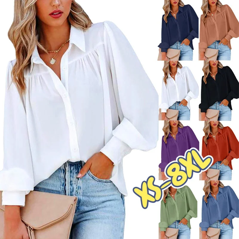 Autumn Women Shirts Casual Long Sleeve Spring Summer Solid Color Deep V-Neck Loose T-Shirt Ladies Button Lantern Chiffon Shirt