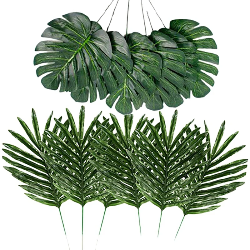 

24 Pcs Silk Flower Tropical Palm Leaves Plant Leaves & 24 Pcs Plastic+Polyester Tropical Plant Palm Leaves Artificial