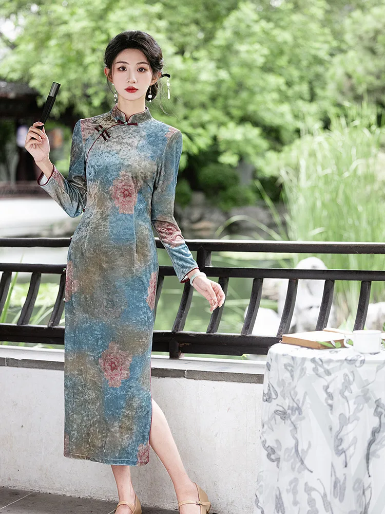 Осень-зима бархатное длинное платье Cheongsam в китайском стиле с принтом велюровое