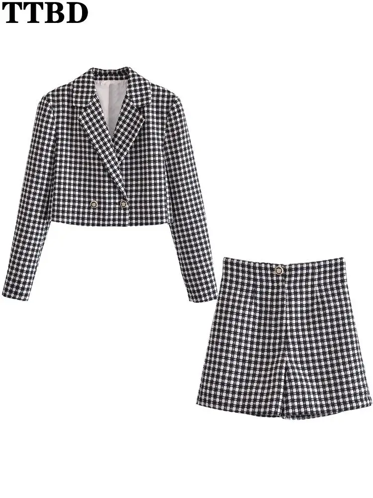 

TTBD short suits Women 2022 fashion with buttons tweed cropped check blazer coat or high waist check tweed bermuda shorts