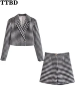 ttbd short suits women 2022 fashion with buttons tweed cropped check blazer coat or high waist check tweed bermuda shorts