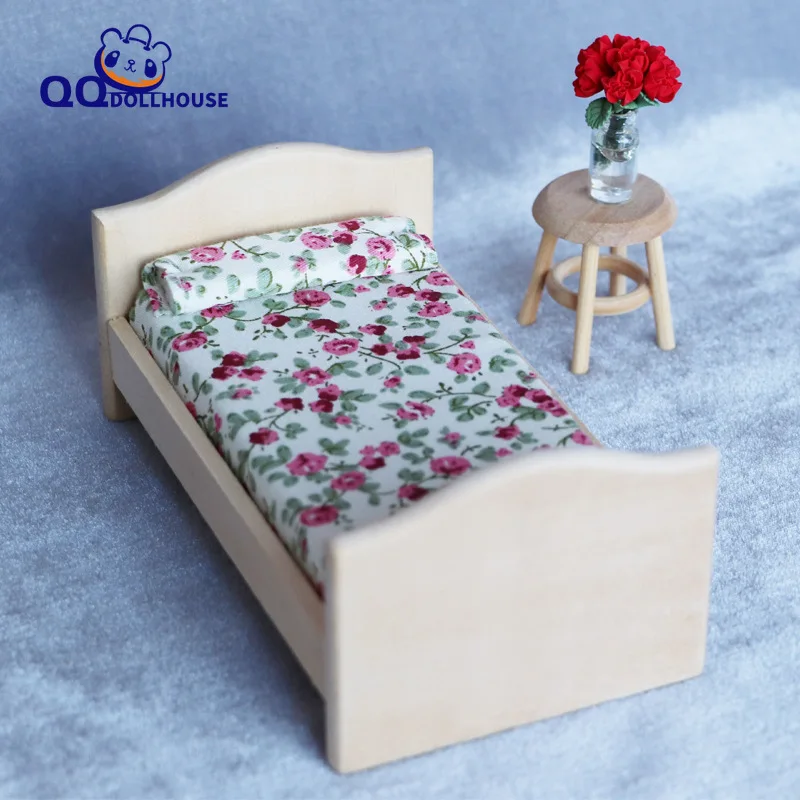 

1/12 Doll House Mini Furniture Bedroom Children's Room Miniature Scene Model Plain Wood Color Single Bed DIY Accessories