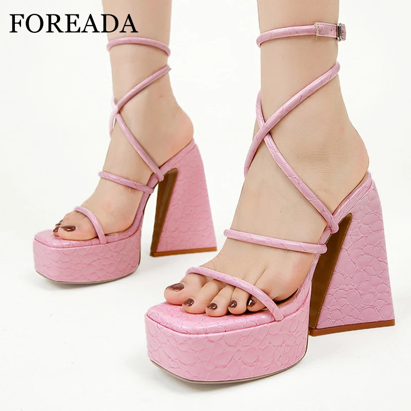 

FOREADA Women Cross Strap Sandals Square Toe Chunky High Heels Buckle Platform Concise Ladies Fashion Shoes Summer Green Pink 42