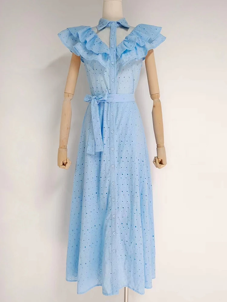 

Hollow Out Lace Up Ruffles Women Dress Blue Color Bowknot Sleeveless Belt Sashes High Waist Lady Long Dresses