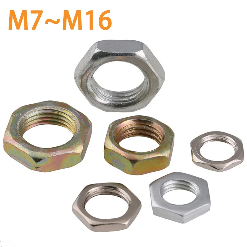 

10/20Pcs Carbon Steel Hex Thin Nut GB6173 Galvanized / Color Zinc / Nickel Thin Fine Tooth Hexagonal Nut M7-M16
