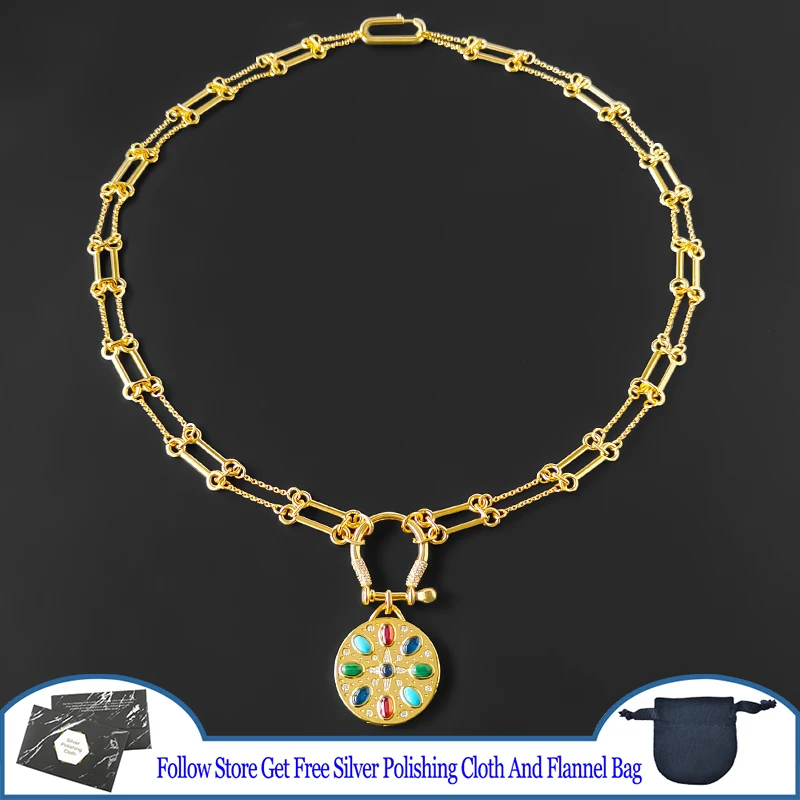 

Colorful Gem Eyes Star Chain Necklace S925 Sterling Silver Women Bohemian Style Tribal Symbol Classic French Holiday Jewelry