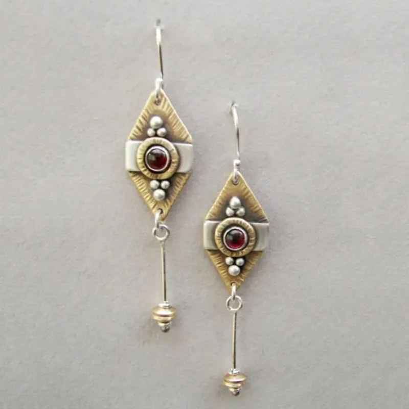 

New Tribal Two Tone Metal Red Stone Vintage Statement Drop Earring Gypsy Jewelry Geometric Carved Long Dangle Earrings for Women