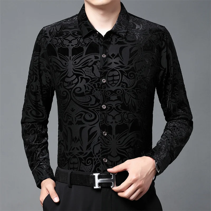 

Abstract Print Long Sleeve Slim Fit Sexy Transparent Shirt Men Camisa Hombre Fall Black Velvet Shirt Club Party Chemise Homme