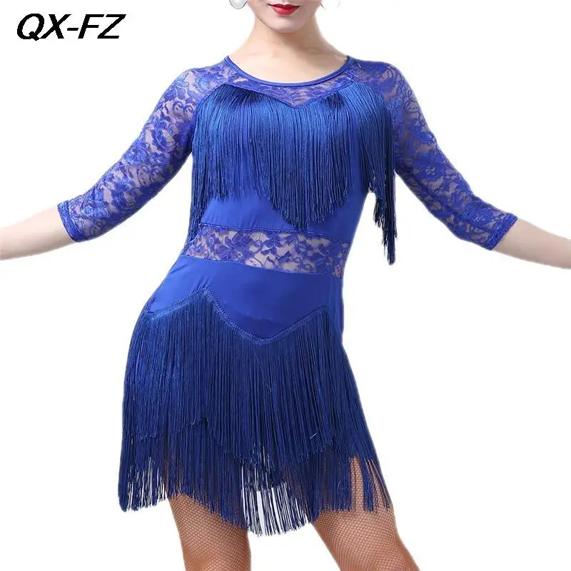

2023 Women Tassel Latin Dance Dress Stage Performance Costume Female Shiny Splicing Lace Salsa Tango Cha Cha Rumba Long Dress