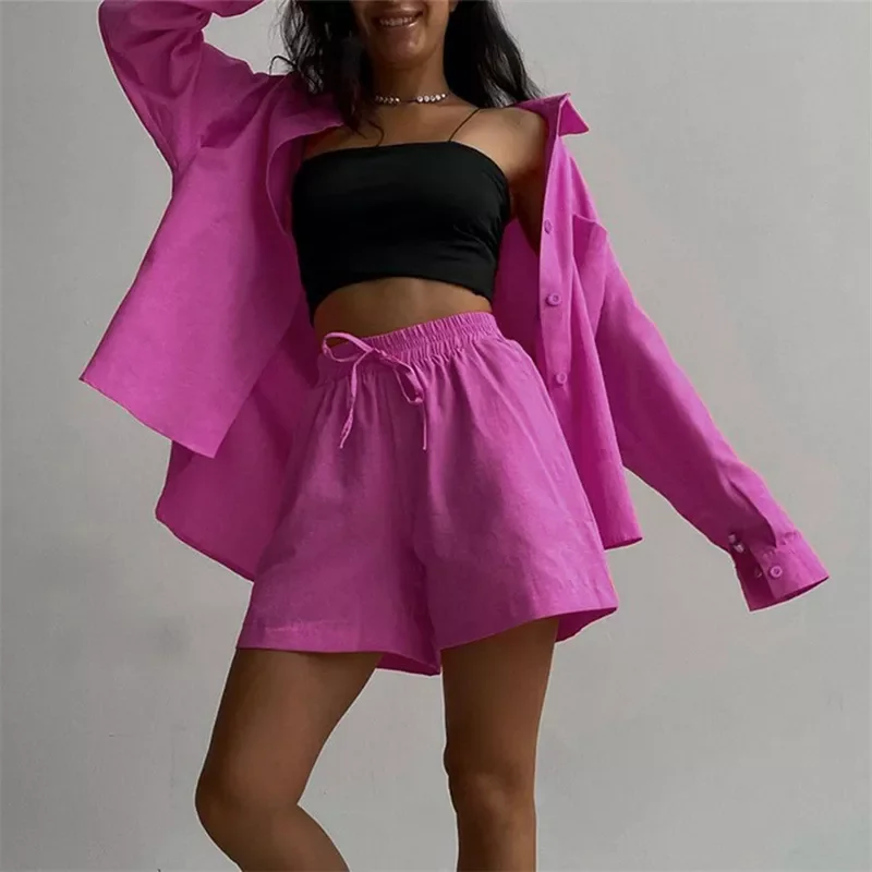 

New in 2022 Tracksuits Long Sleeve Shirt With Mini Shorts Cotton Stretch Waist Two Pieces Sets Ladies Outfits Blouses Fashion Cl