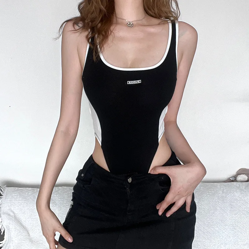

Spice Girls Sexy Slim Backless Design Bodysuit 2023 Summer Color Patchwork Outside Wear Street Knitted Halter Top Jumpsuits