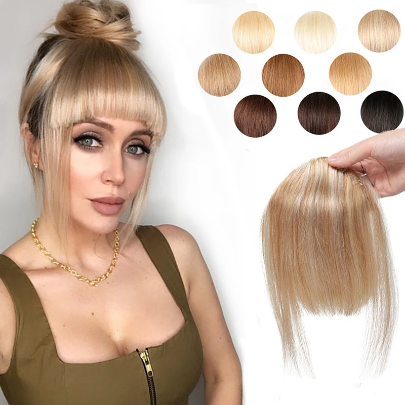 

Clip In Hair Extensions Human Hair Bangs With Sideburns NonRemy Natural Large Overhead Fringe Fake Hairpieces 2.5"x4.5"