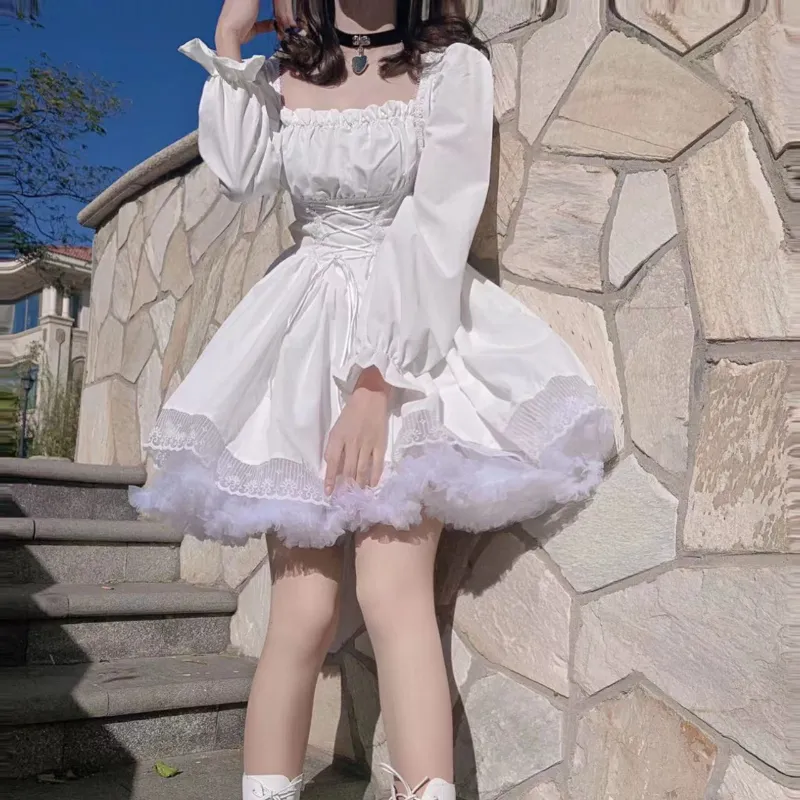 HOUZHOU White Lolita Dress Kawaii Vinatge Long Sleeve Mini Dresses Black Gothic Bandage Lace Patchwork Streetwear Square Collar