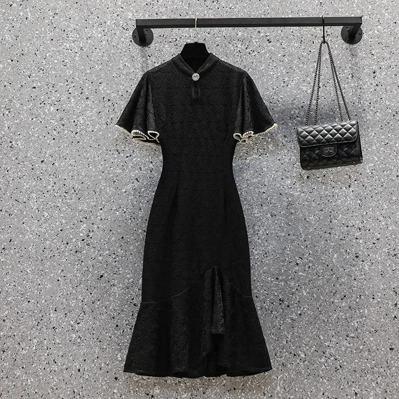 

Vintage Temperament Oversize Dress Women Stand Collar Improved Cheongsam Lace Split Dresses Solid Color Mid-Calf Ladies Dress